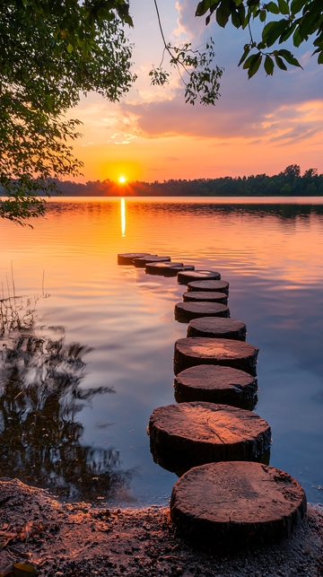 湖边日落木桩小径