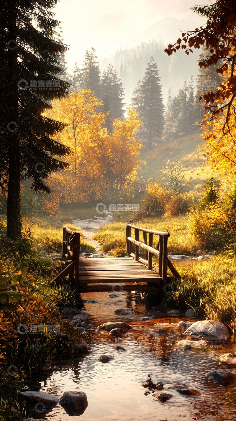 高清大图下载【趣麦麦图】秋日森林小桥流水自然风景