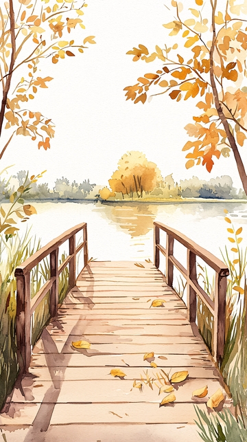 秋日湖畔木桥风景