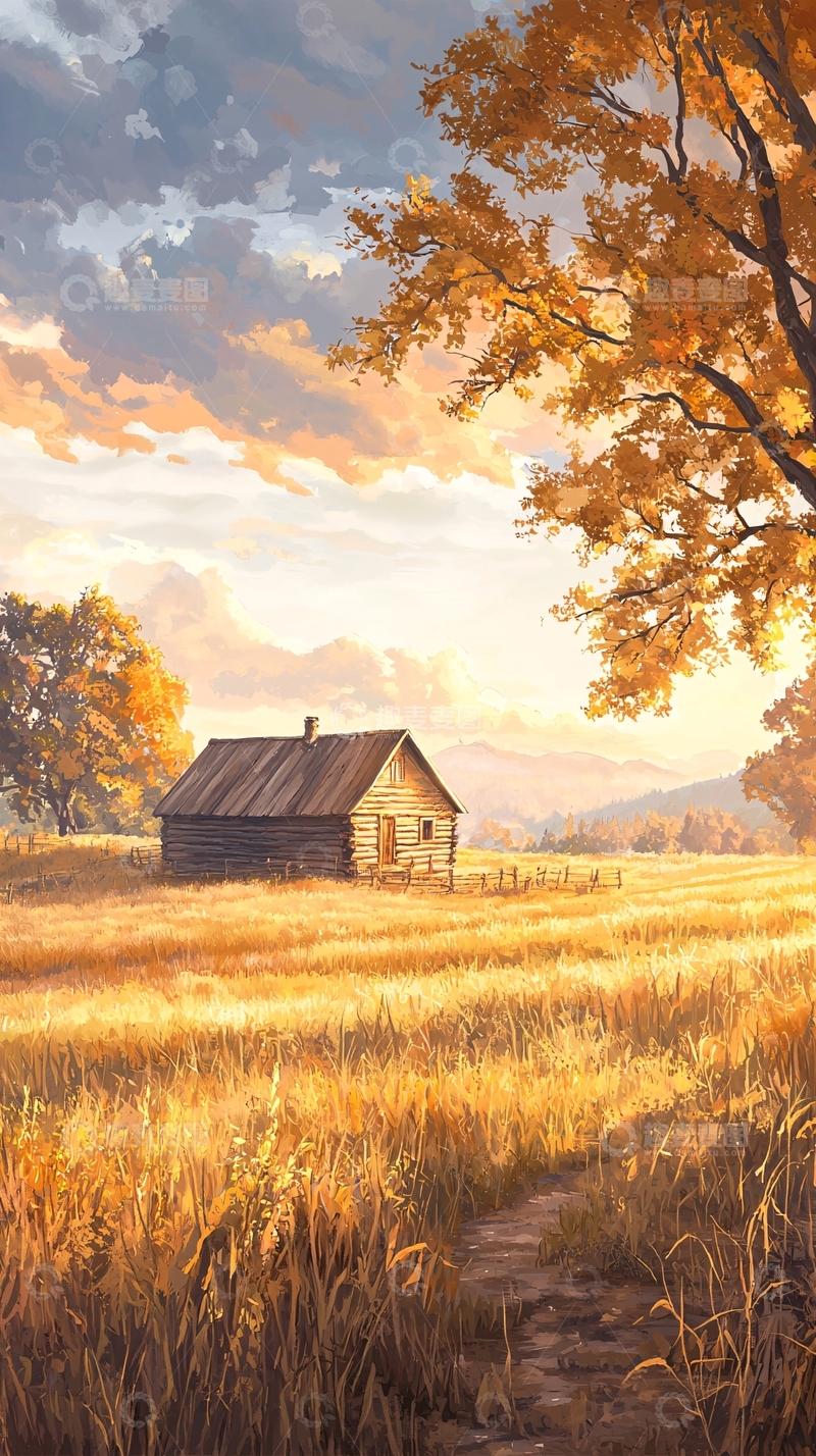 高清大图下载【趣麦麦图】秋日小屋与金色田野