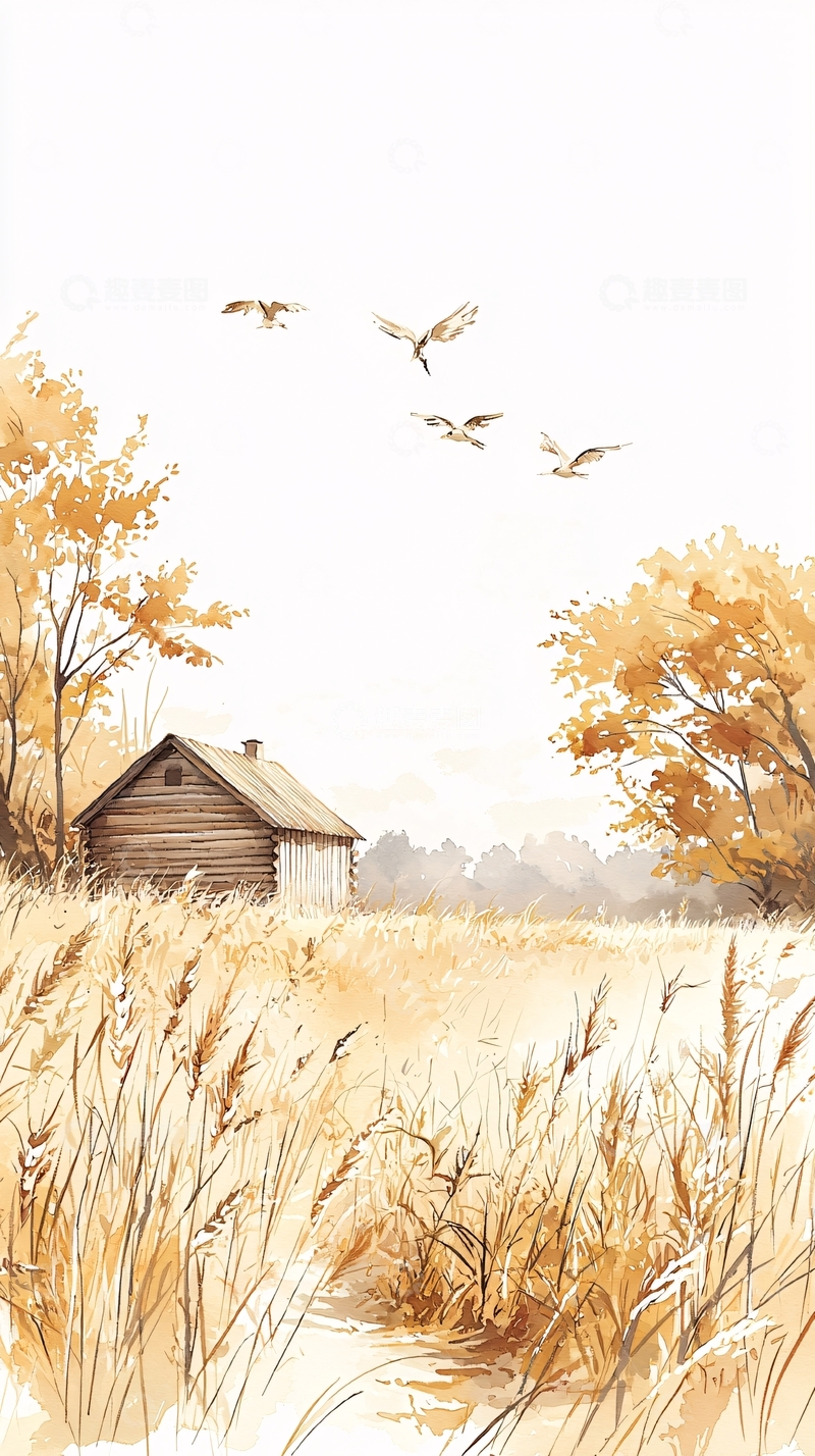 高清大图下载【趣麦麦图】秋日田野中的小屋与飞鸟