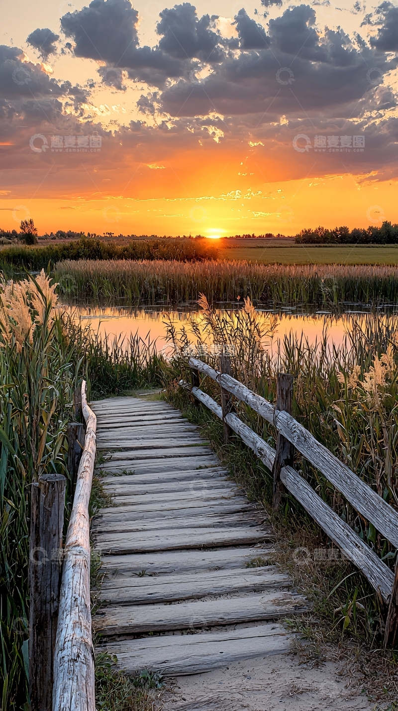 高清大图下载【趣麦麦图】夕阳下的木桥与芦苇