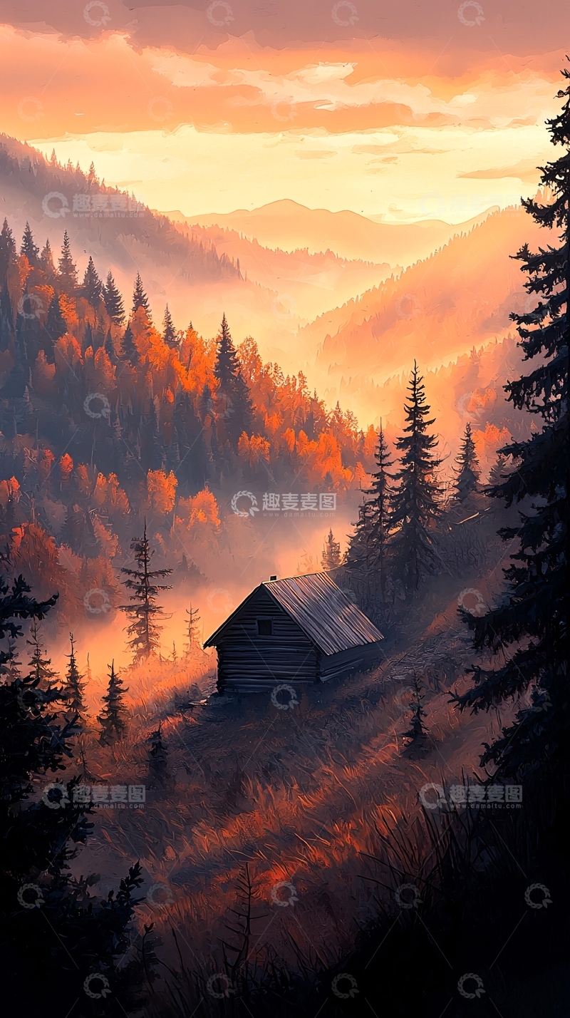 高清大图下载【趣麦麦图】秋日山间小屋