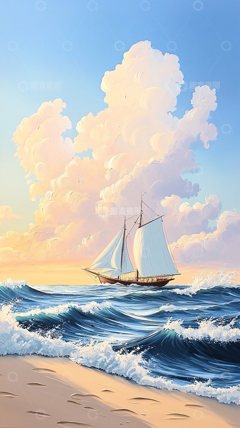 高清大图下载【趣麦麦图】帆船海浪沙滩日落