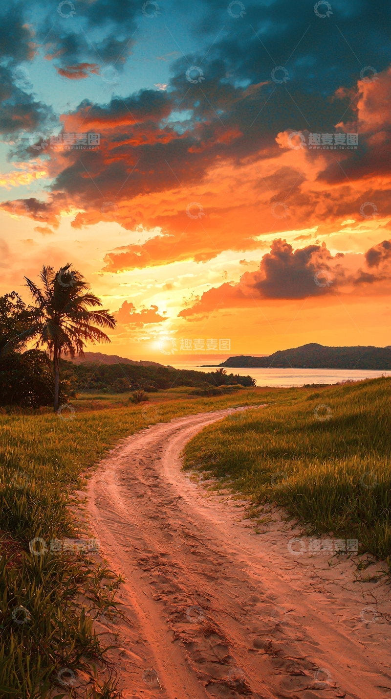 高清大图下载【趣麦麦图】夕阳下的沙滩小路