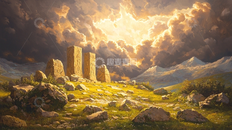 高清大图下载【趣麦麦图】古迹山间夕阳