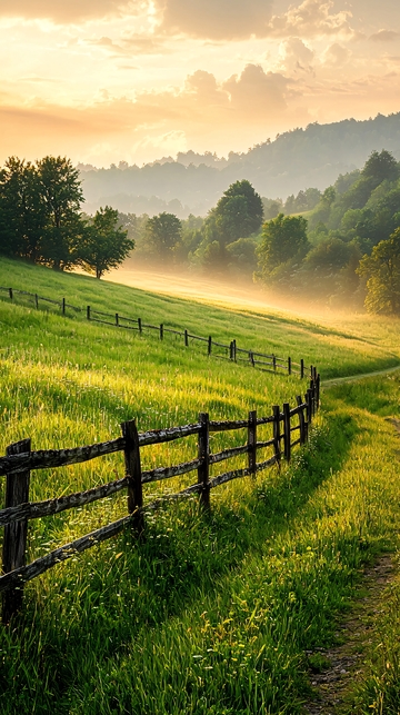 晨光中的乡村篱笆