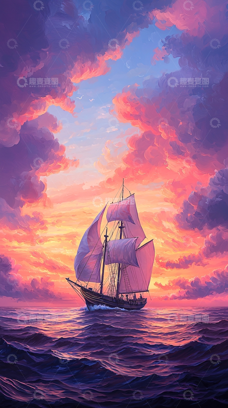 高清大图下载【趣麦麦图】日落海上的帆船