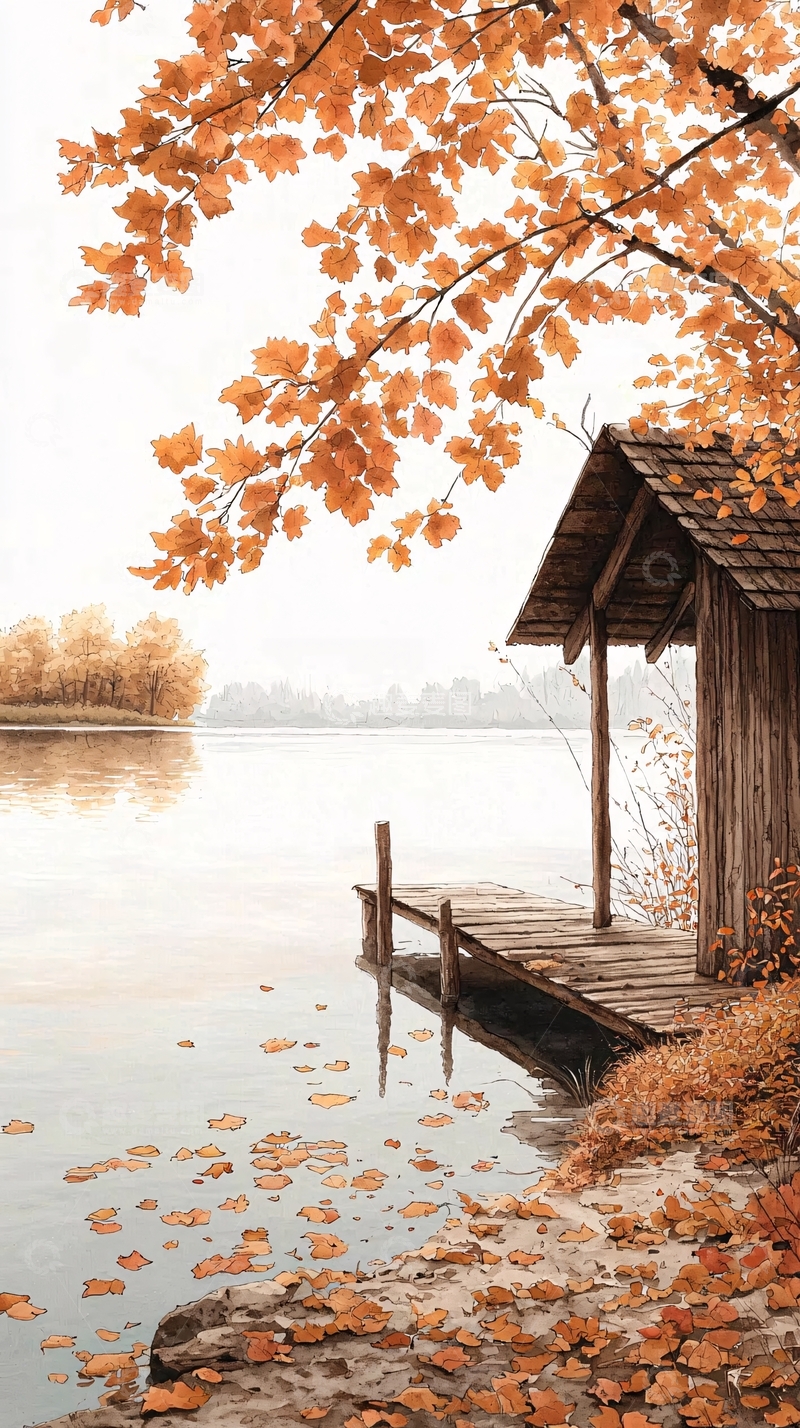 高清大图下载【趣麦麦图】秋日湖畔木屋风景