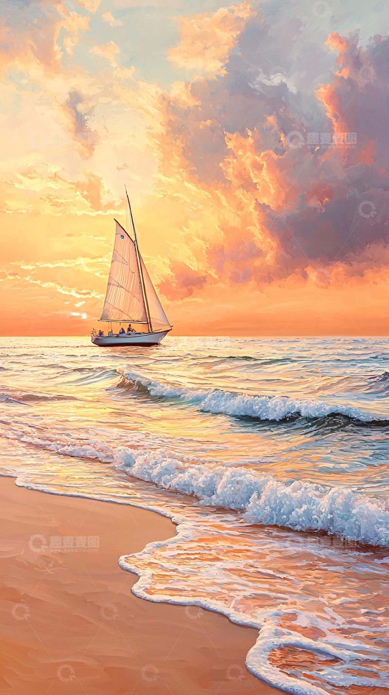 高清大图下载【趣麦麦图】日落海景帆船沙滩