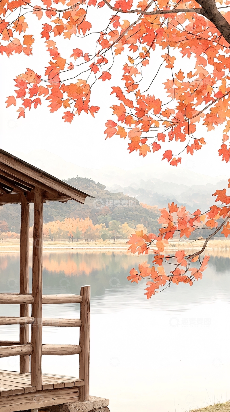高清大图下载【趣麦麦图】秋日湖畔木屋风景