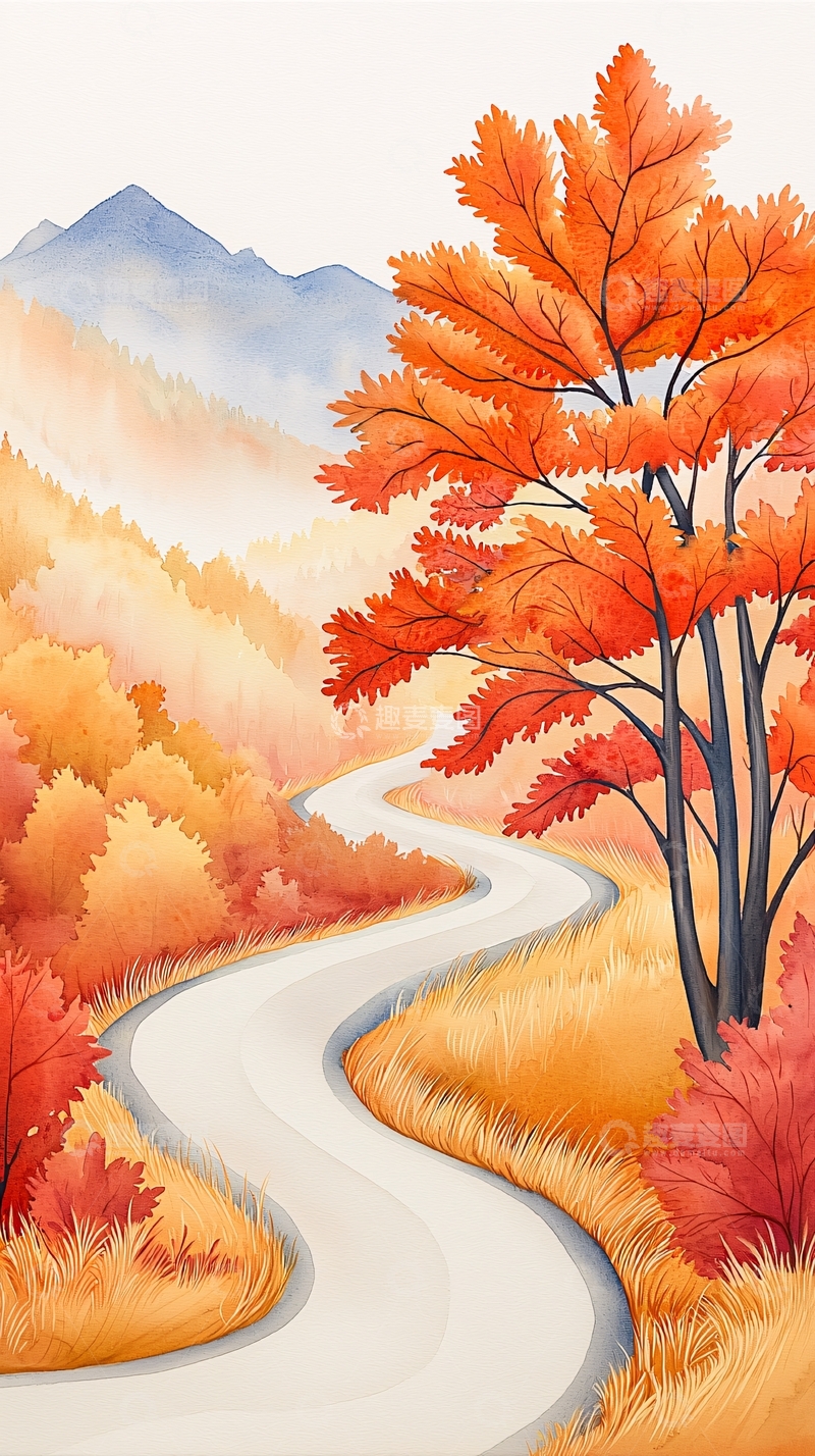 高清大图下载【趣麦麦图】秋日山间小径风景画