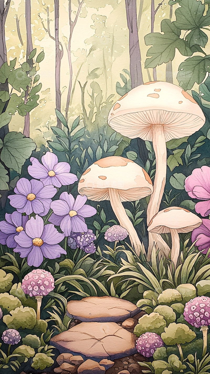 高清大图下载【趣麦麦图】梦幻森林蘑菇与花朵