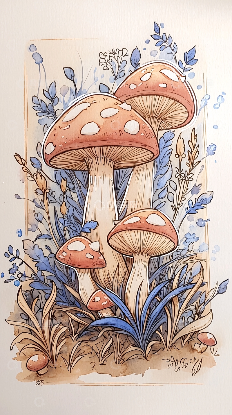 高清大图下载【趣麦麦图】蘑菇与植物插画