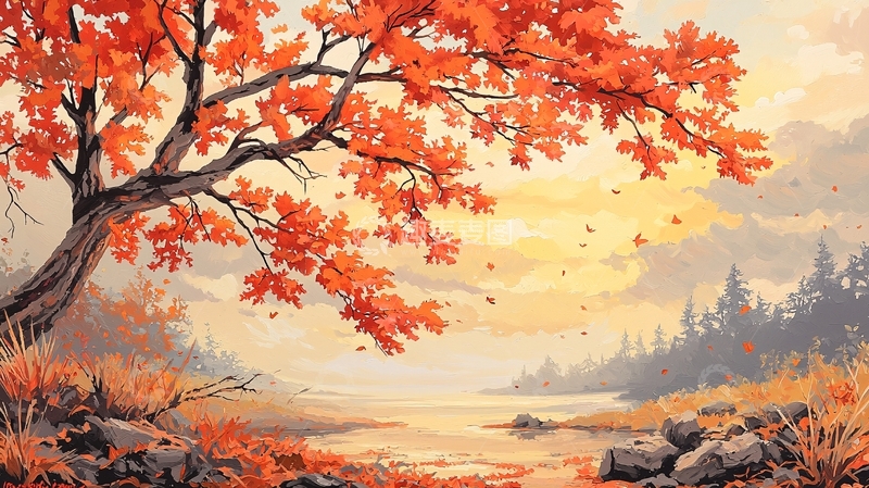 高清大图下载【趣麦麦图】秋日湖畔红叶美景