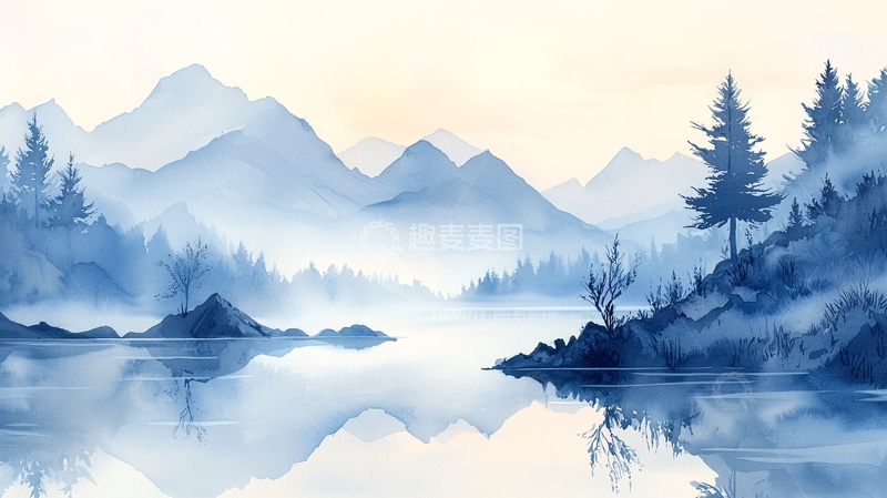 高清大图下载【趣麦麦图】晨雾中的山湖风景