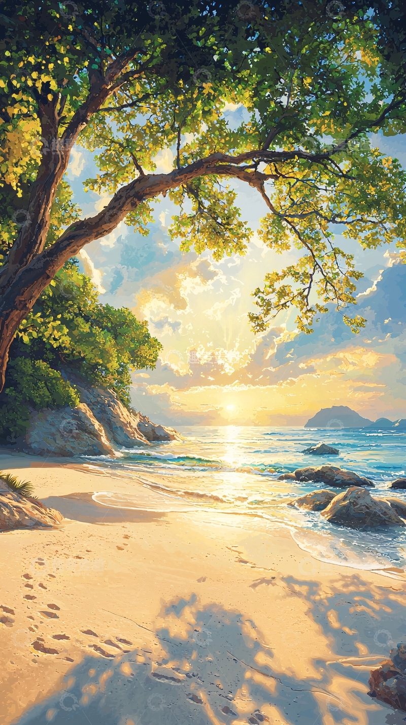 高清大图下载【趣麦麦图】夕阳海滩树影沙滩