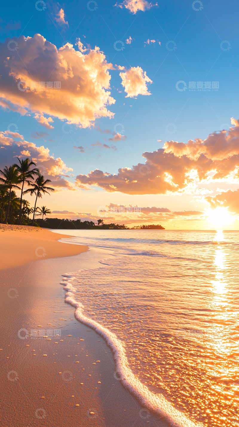高清大图下载【趣麦麦图】夕阳海滩椰树沙滩