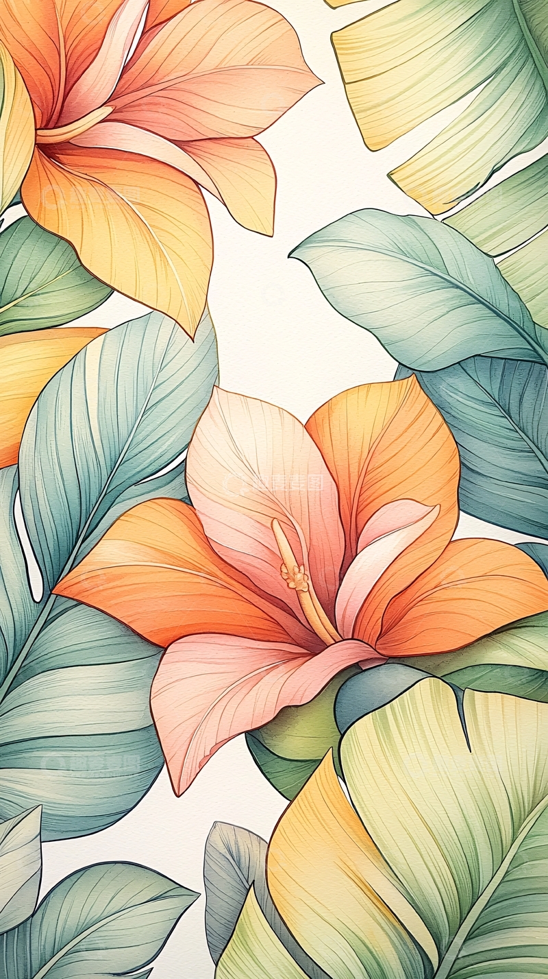 高清大图下载【趣麦麦图】热带花卉与叶子背景图