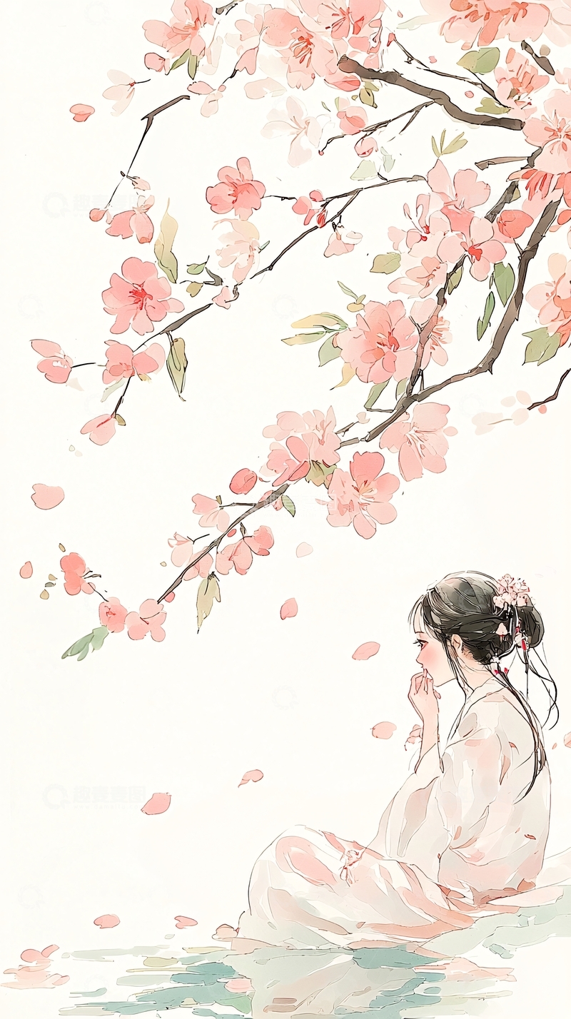 高清大图下载【趣麦麦图】樱花树下静坐的女子