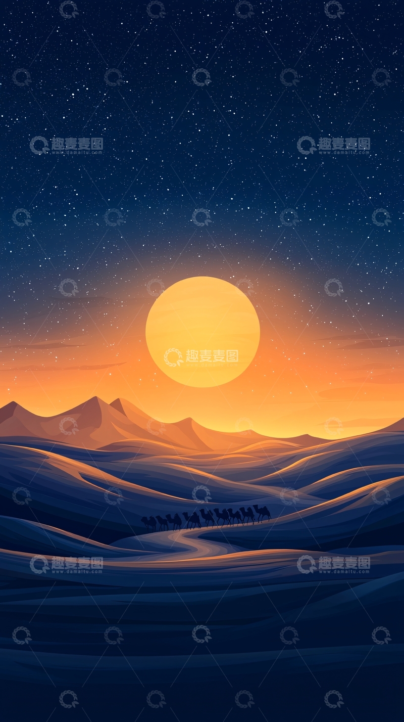 高清大图下载【趣麦麦图】沙漠驼队星空夜景