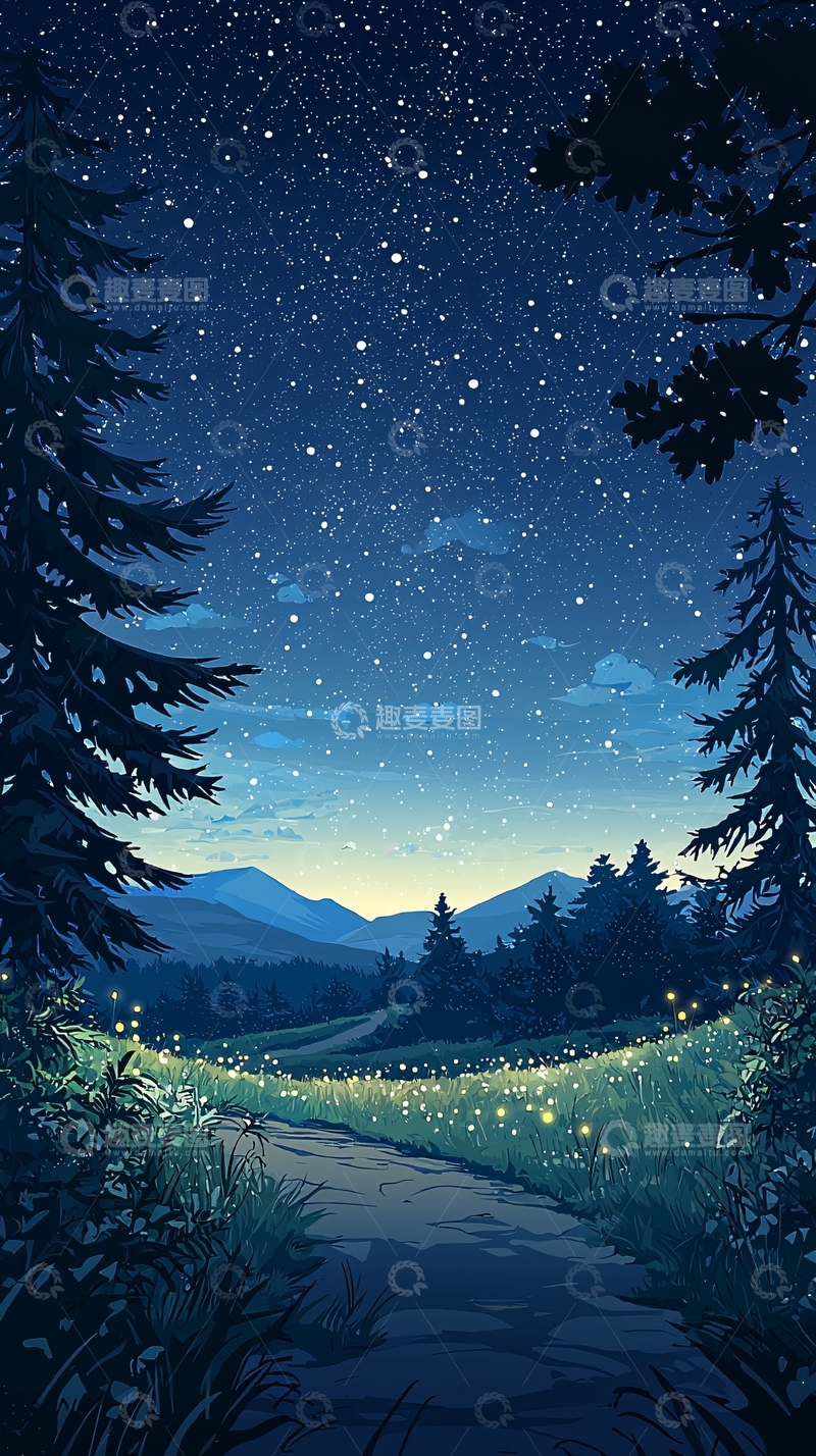 高清大图下载【趣麦麦图】夜色森林萤火虫小径