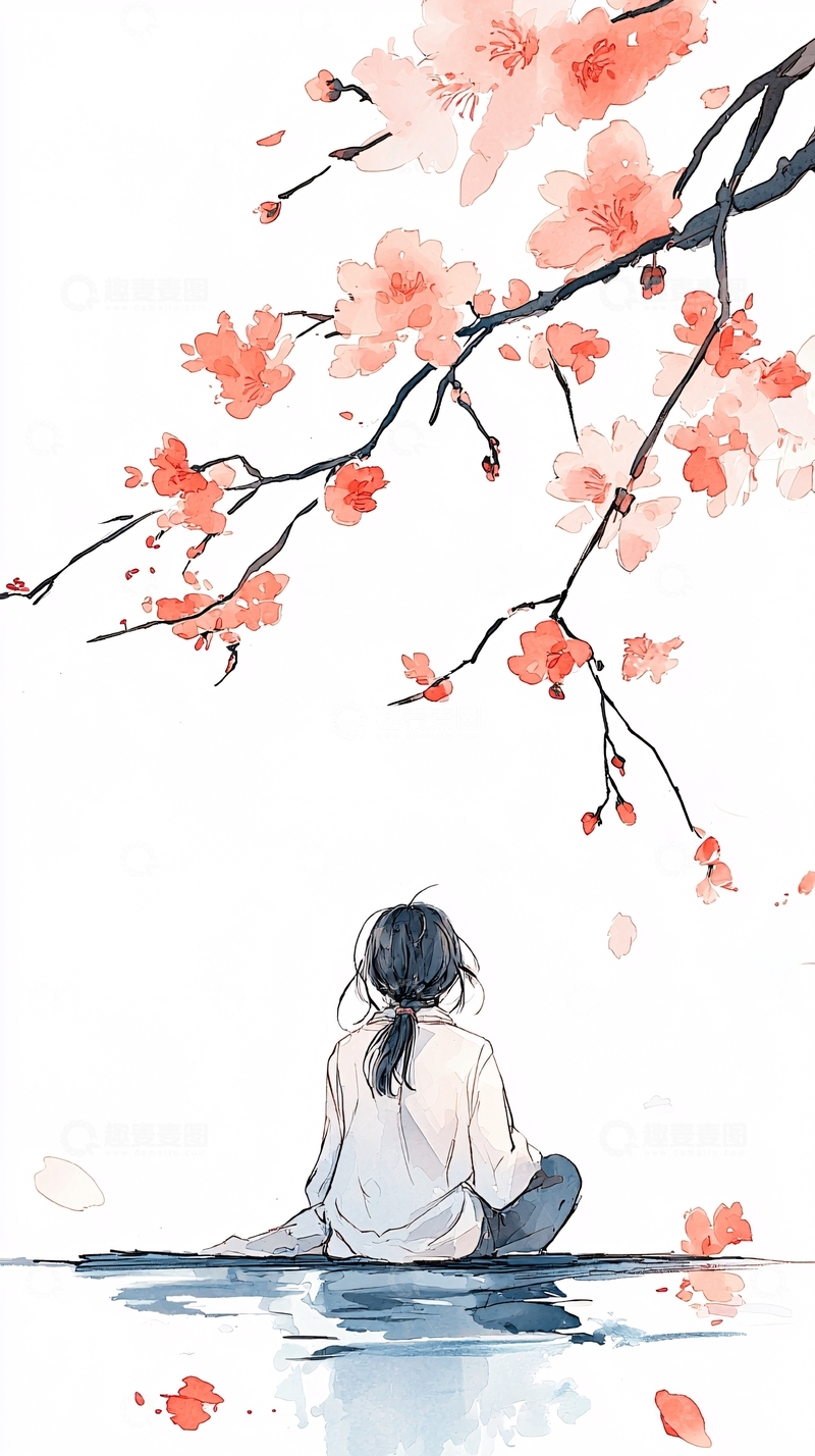 高清大图下载【趣麦麦图】樱花树下静坐的女孩