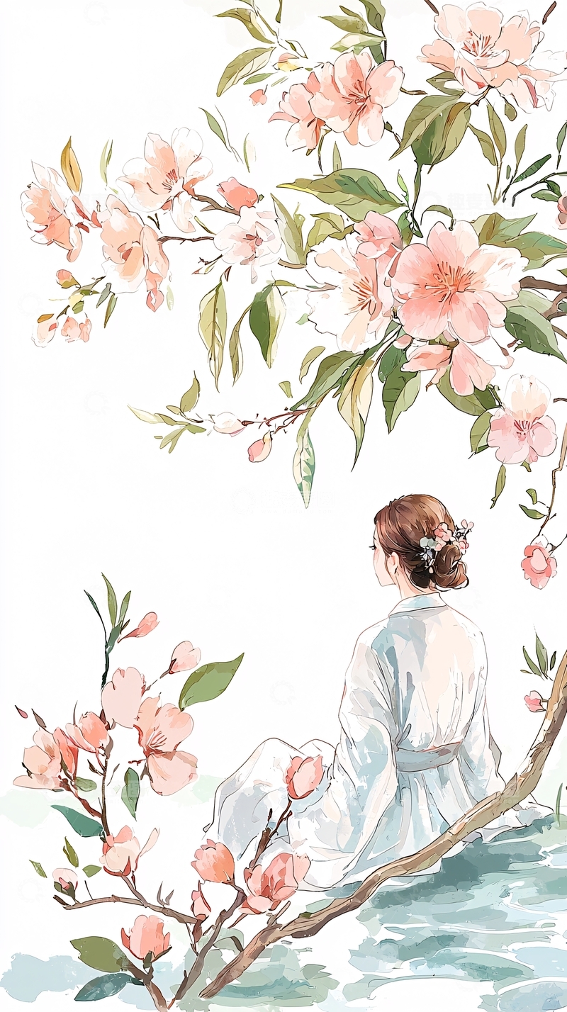高清大图下载【趣麦麦图】桃花树下静坐女子