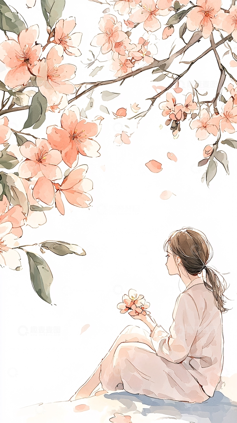 高清大图下载【趣麦麦图】樱花树下静坐的女孩