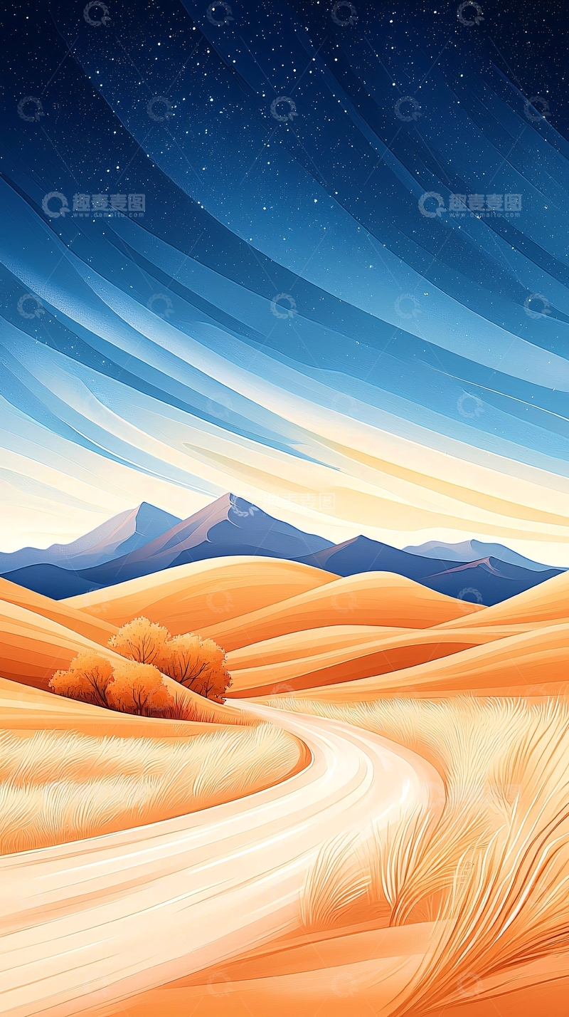 高清大图下载【趣麦麦图】沙漠夜景星空下的蜿蜒之路