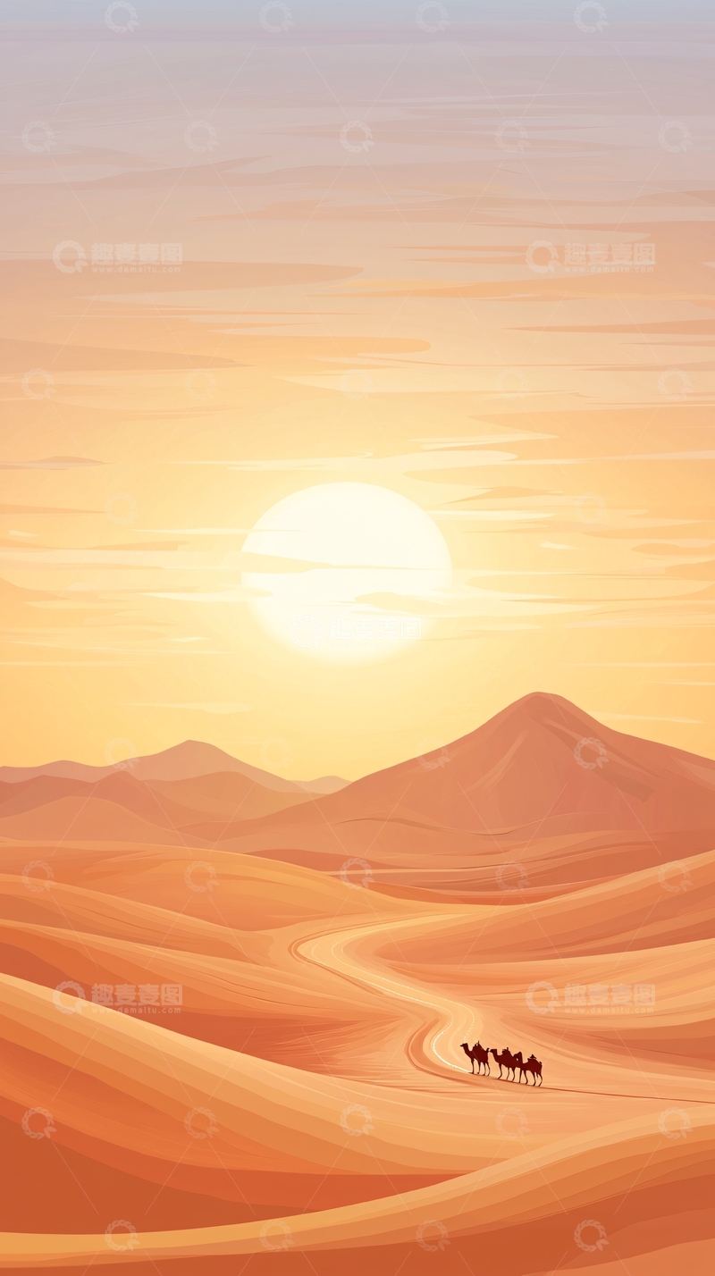 高清大图下载【趣麦麦图】沙漠日落驼队行进图