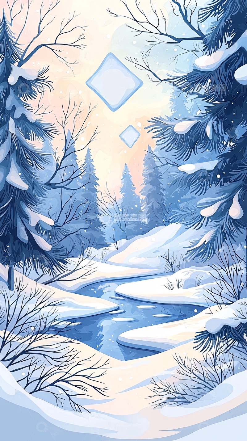高清大图下载【趣麦麦图】冬日雪景森林河流