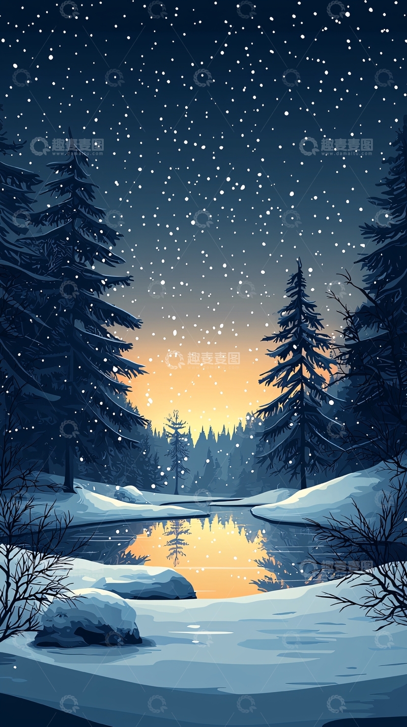 高清大图下载【趣麦麦图】冬夜雪景下的静谧河流