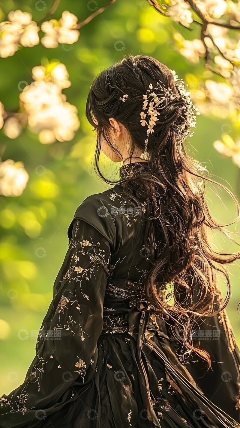 高清大图下载【趣麦麦图】古风女子黑衣花发饰