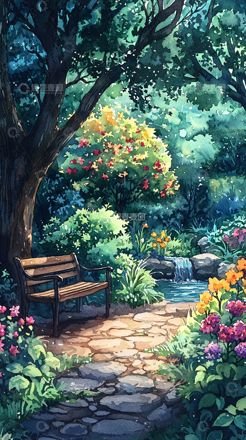 高清大图下载【趣麦麦图】森林中的石径与长椅