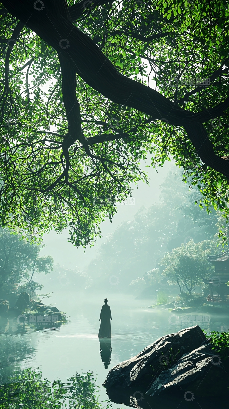 高清大图下载【趣麦麦图】静谧山水间的人物剪影