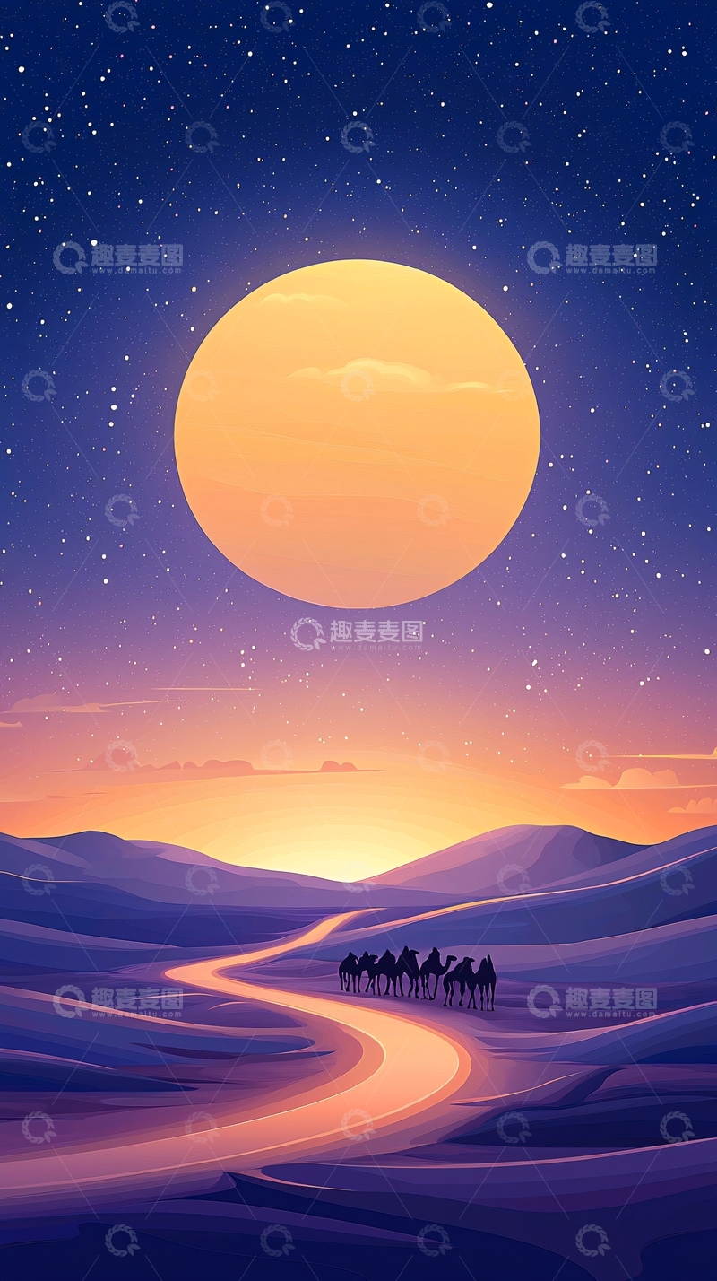 高清大图下载【趣麦麦图】沙漠月夜驼队行进图