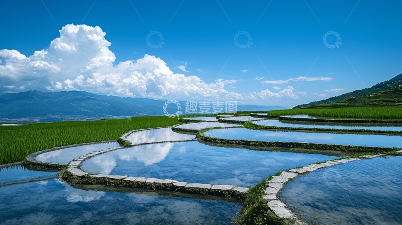 高清大图下载【趣麦麦图】梯田水镜蓝天白云