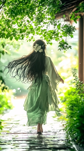 雨中漫步的女孩