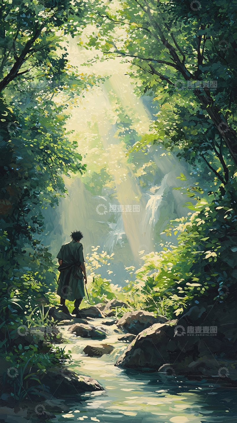 高清大图下载【趣麦麦图】森林中的小溪与旅人