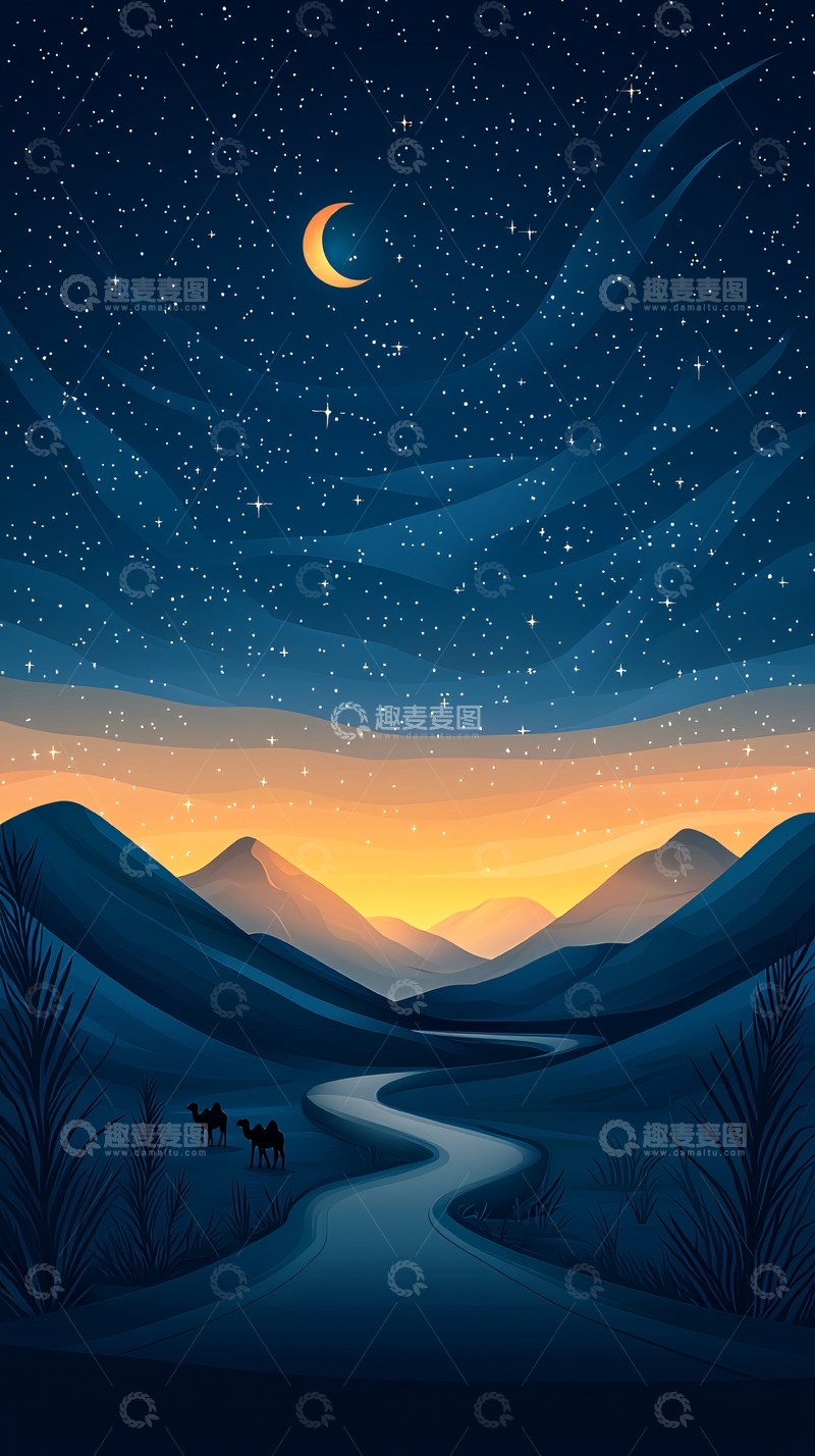 高清大图下载【趣麦麦图】夜晚沙漠中的骆驼群