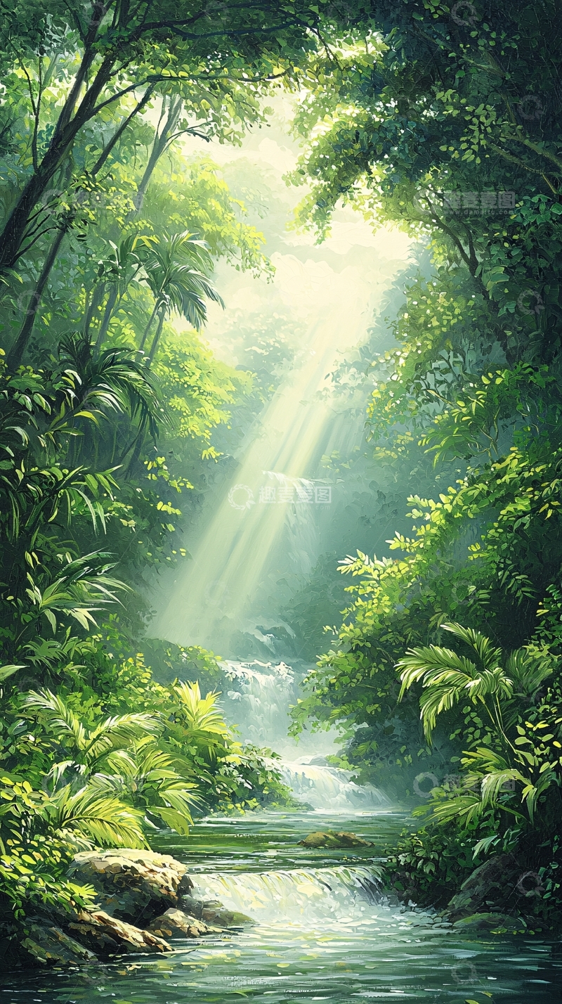 高清大图下载【趣麦麦图】热带雨林瀑布阳光照射