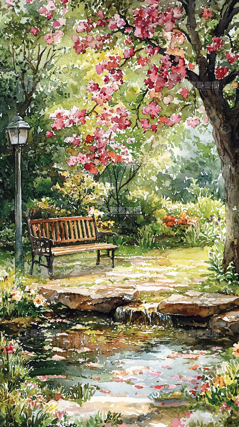 高清大图下载【趣麦麦图】春天花园里的长椅