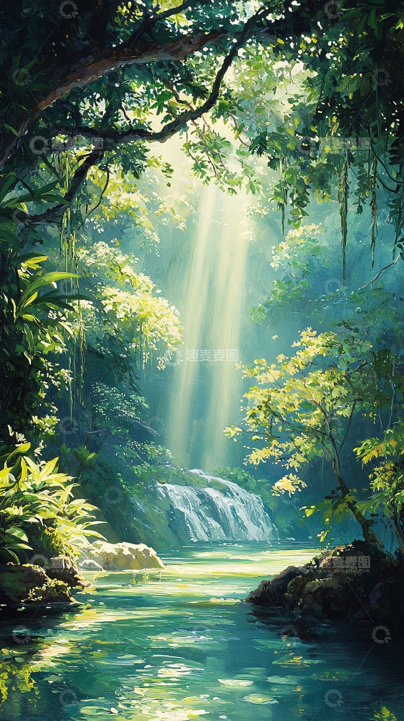 高清大图下载【趣麦麦图】阳光穿透森林瀑布美景
