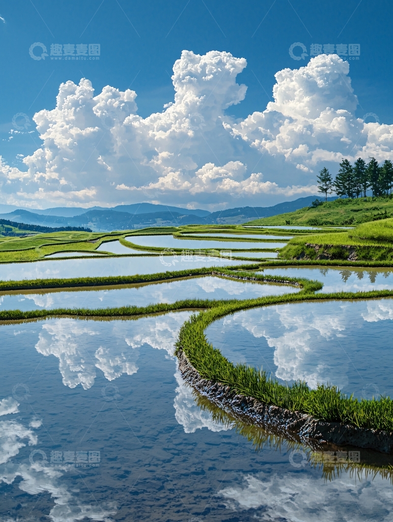 高清大图下载【趣麦麦图】梯田云影蓝天下的宁静