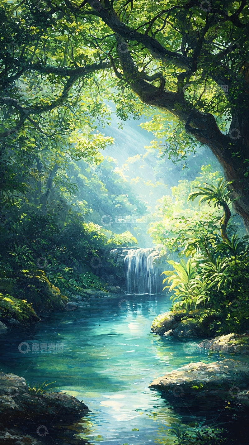 高清大图下载【趣麦麦图】森林中的瀑布与阳光