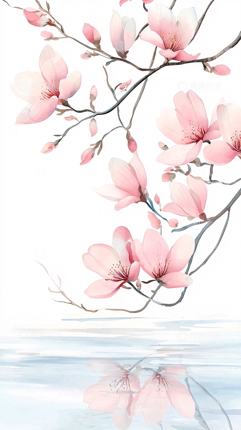 高清大图下载【趣麦麦图】粉色花朵与水面倒影