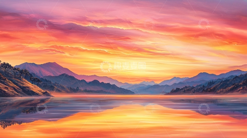 高清大图下载【趣麦麦图】夕阳下的宁静湖畔