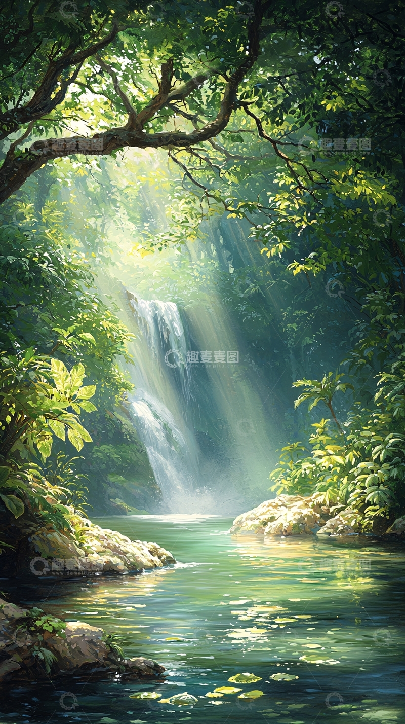 高清大图下载【趣麦麦图】森林中的瀑布与阳光