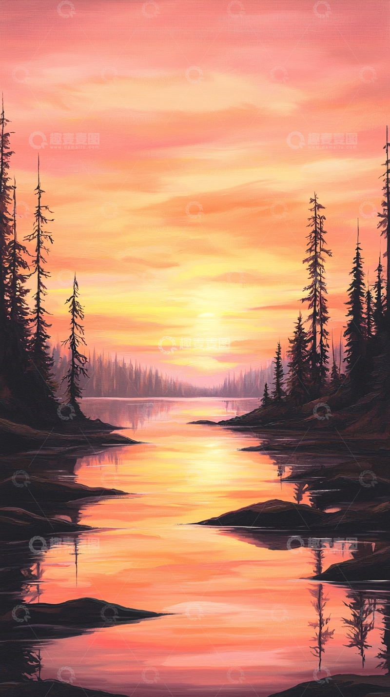 高清大图下载【趣麦麦图】日落森林河流风景